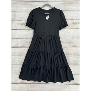 Merokeety Fit and Flare V-Neck Dress Womens Medium Black Ruffled Sleeve NEW